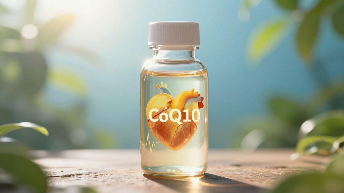 Liquid CoQ10 bottle and healthy heart