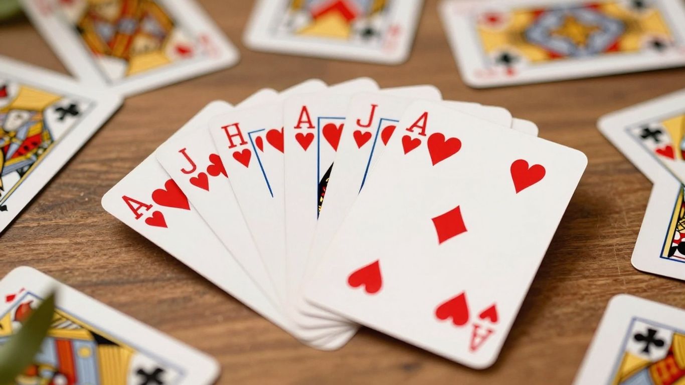 Playing cards scattered, inviting solitaire game atmosphere.
