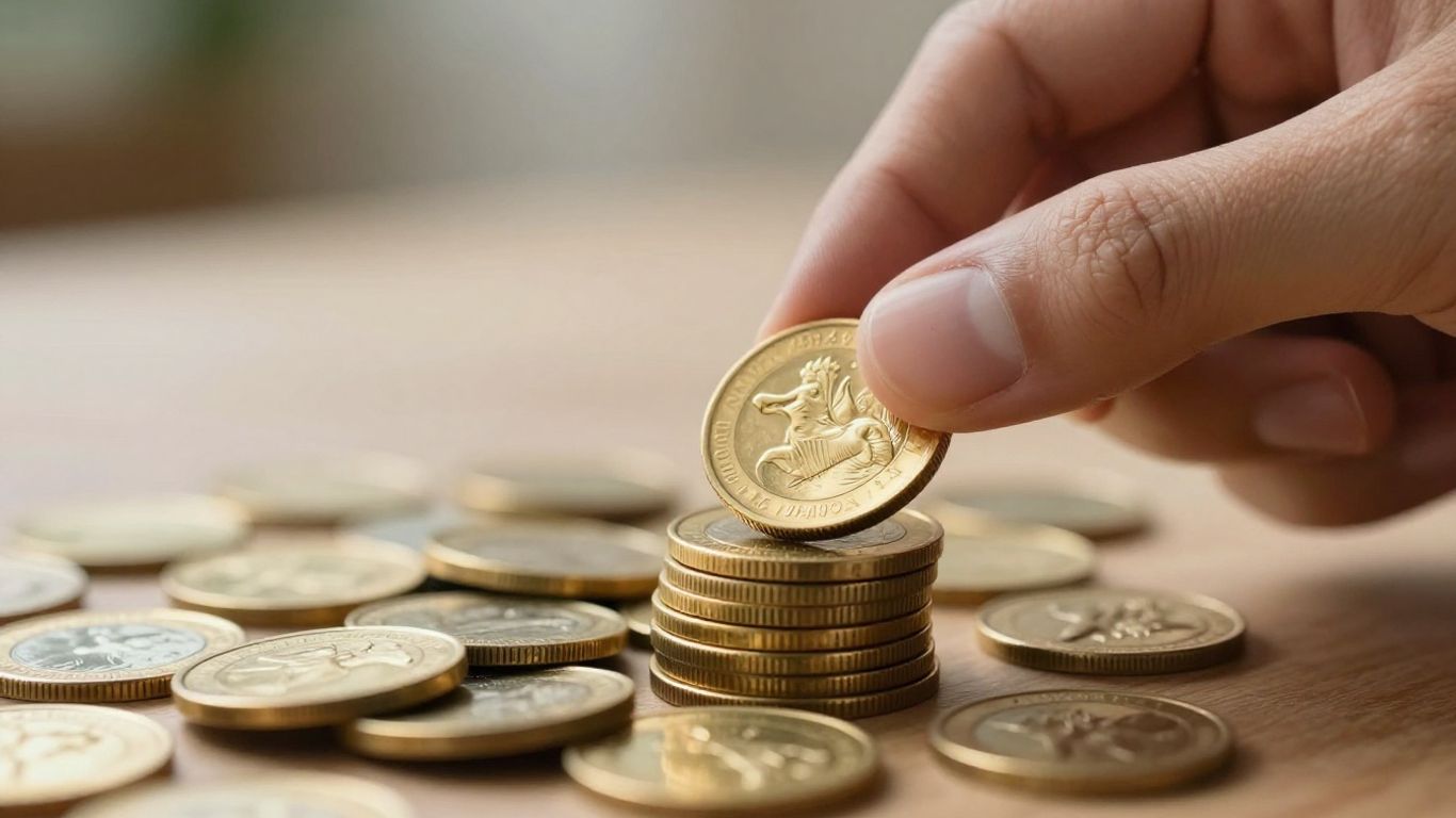 Main d'or plaçant une pièce d'or sur une pile.