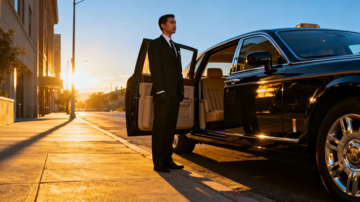 A professional chauffeur waits by a luxury vehicle in NYC
