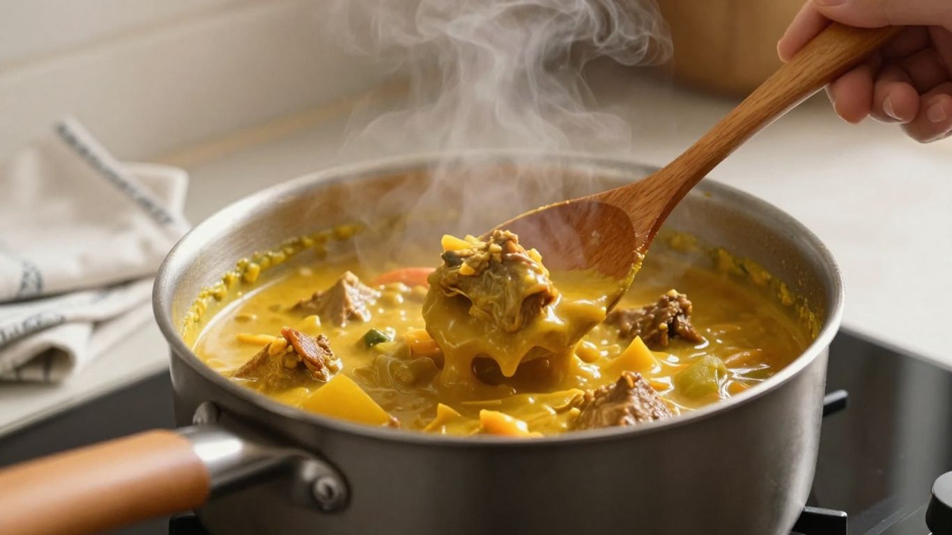Covered pan of curry warming gently