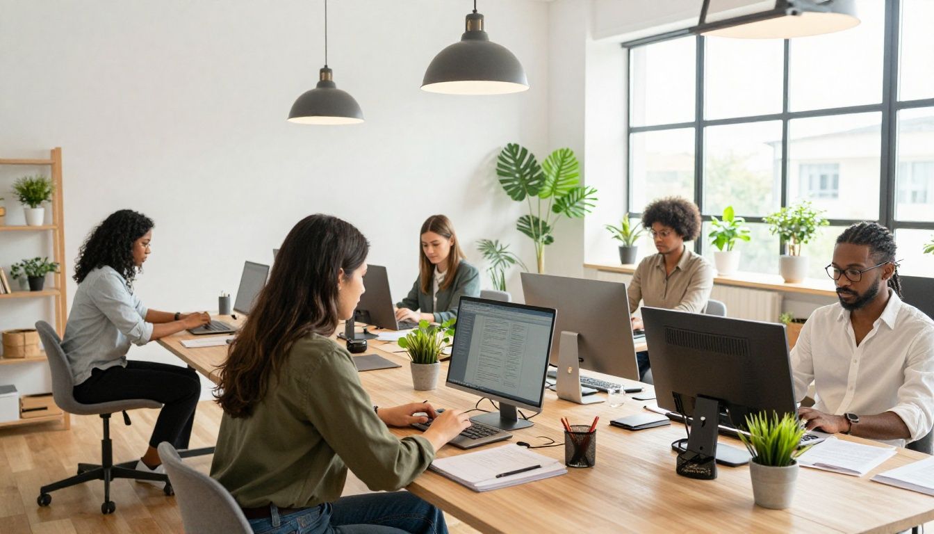 A diverse group of professional individuals working in a bright, modern, and harmonious home office environment with plants and natural light, reflecting clarity, balance, and intentional living.