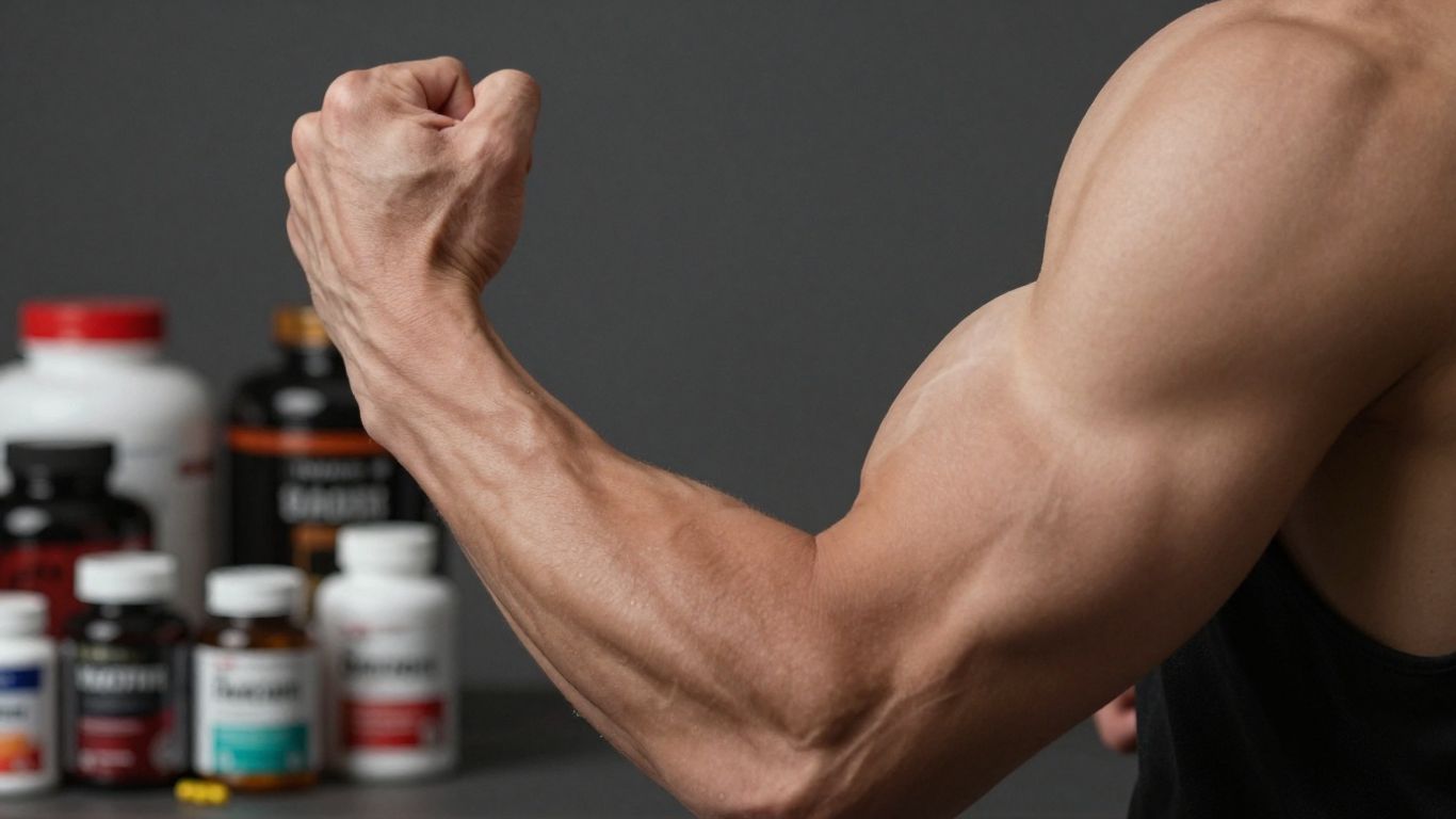 Muscular arm with supplement bottles in background