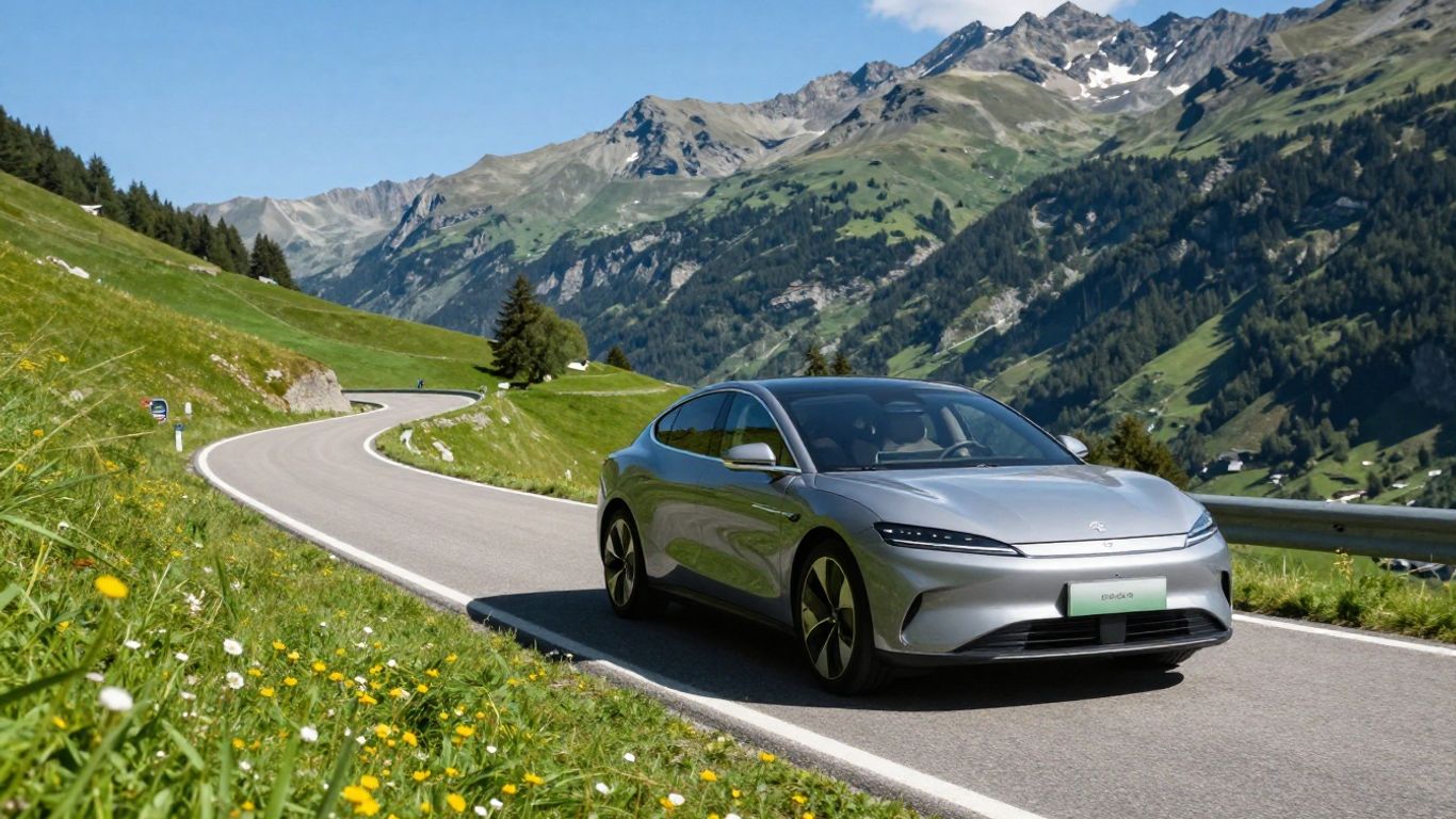 Hybridauto auf einer kurvigen Bergstrasse