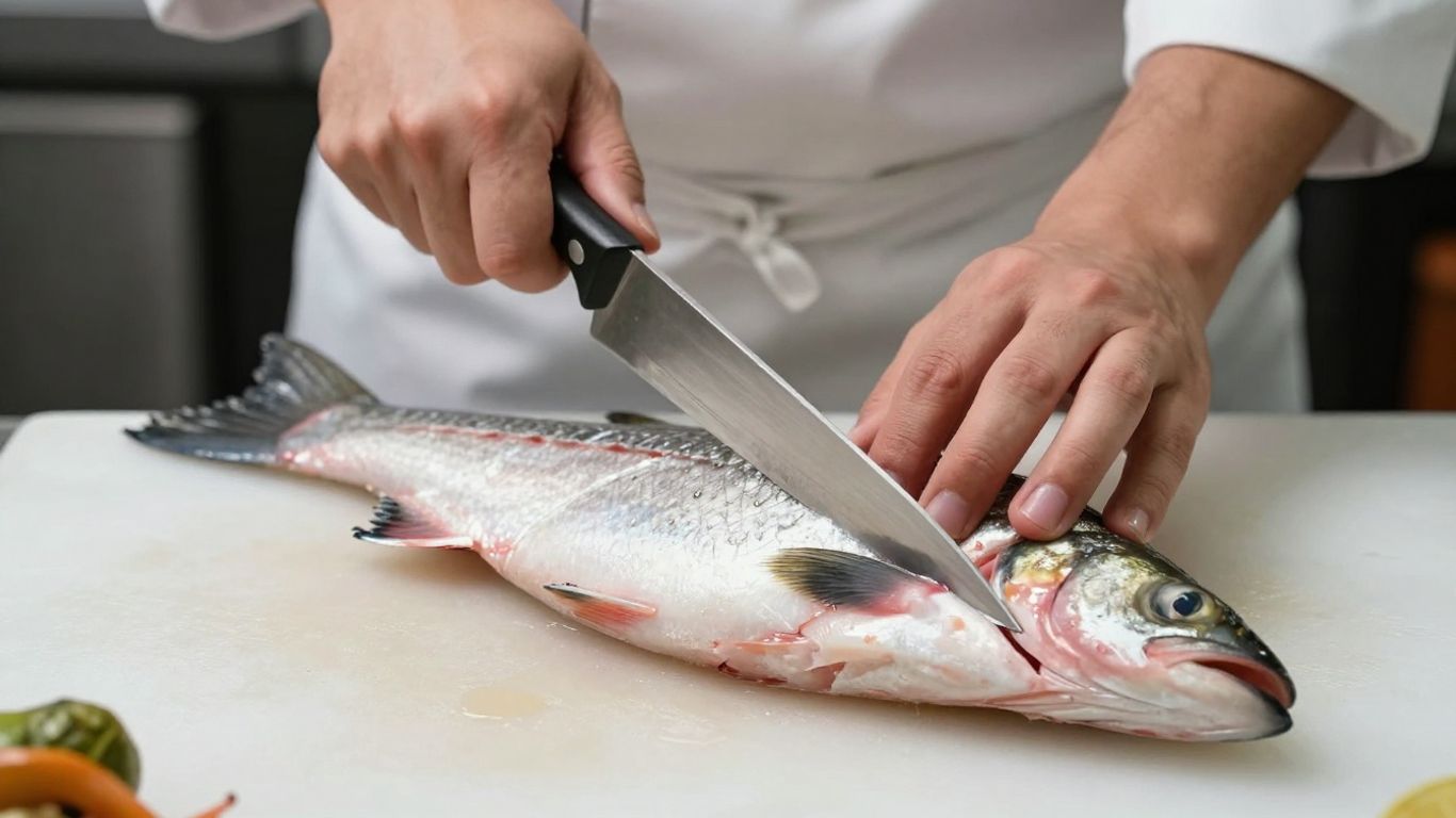 Chef filleting a fresh fish with a sharp knife.