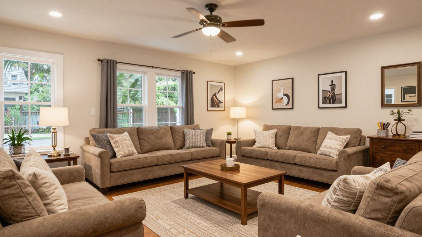 Finished basement living area in Suwanee, Georgia.