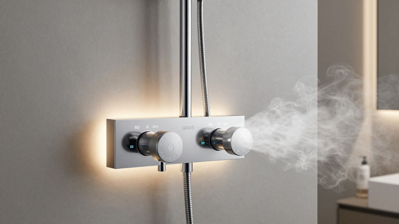 Modern bathroom with digital thermostatic shower control.