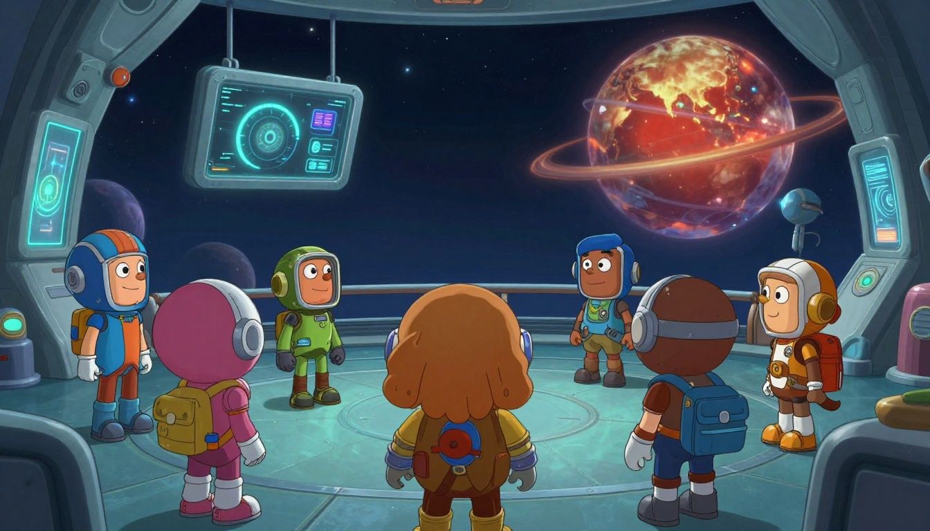 Equipe de personagens de STARBITES explorando uma estação espacial abandonada com robôs, painéis holográficos e um planeta ao fundo