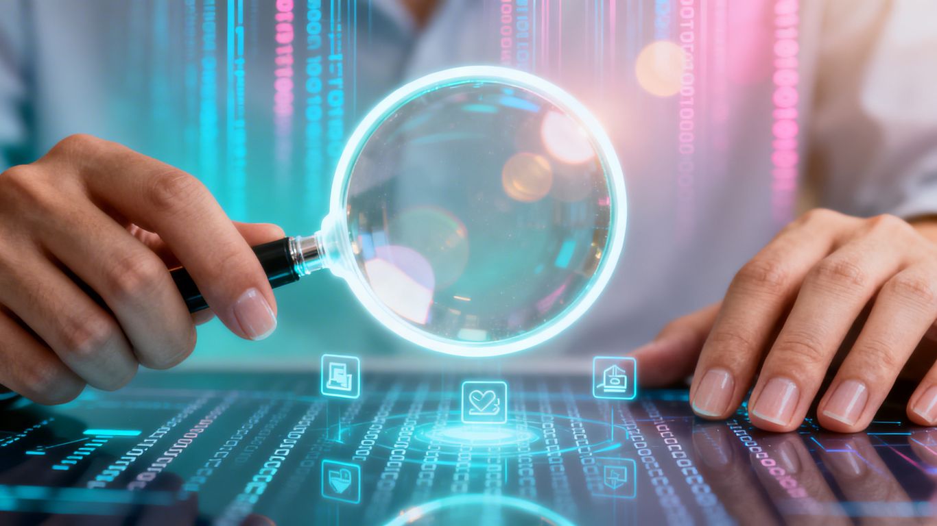 Magnifying glass over digital interface, data streams background.