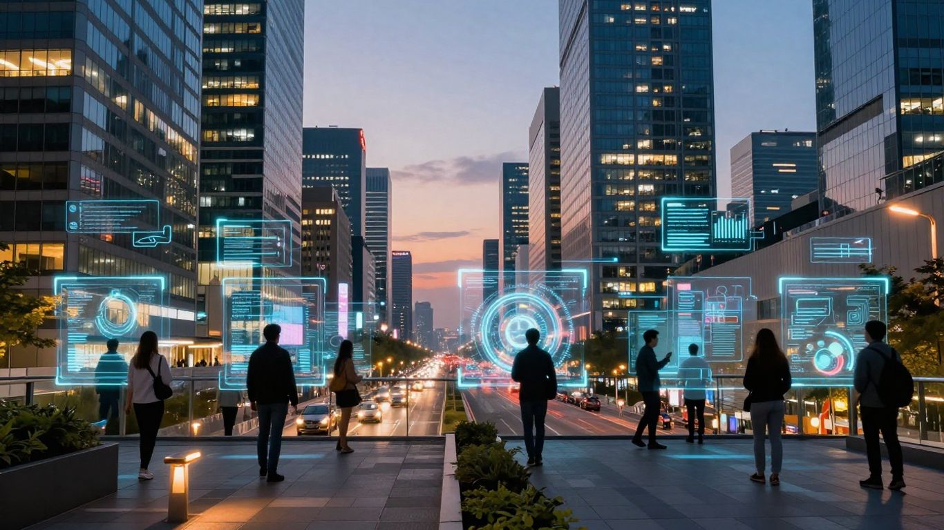 Cityscape with digital interfaces and people using technology.