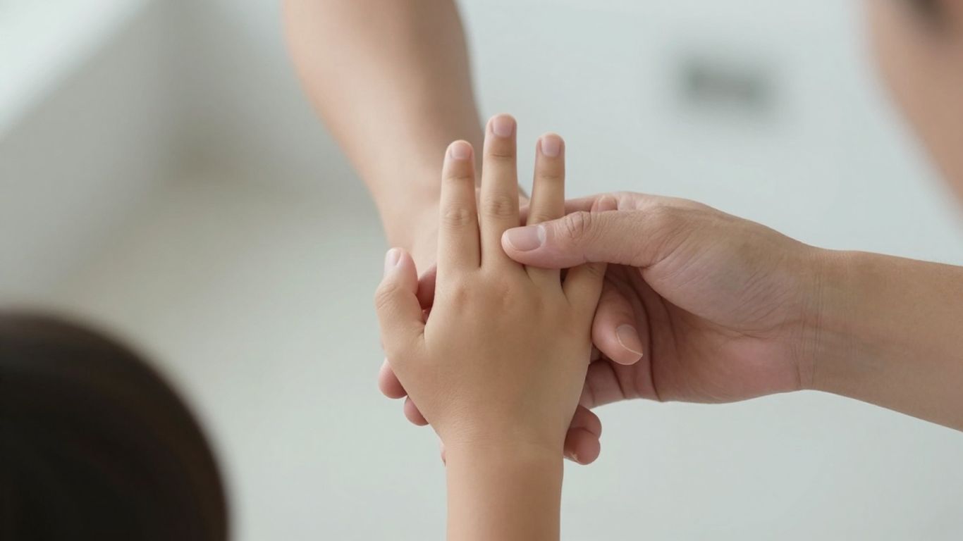 Parent teaching child how to set boundaries with a gesture.
