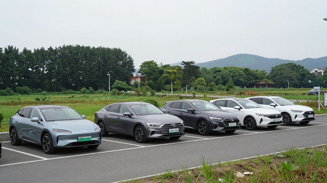 Modern cars parked beside a winding road