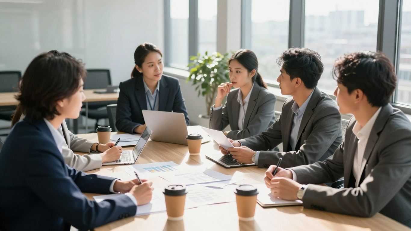 Business professionals collaborating in a modern office.