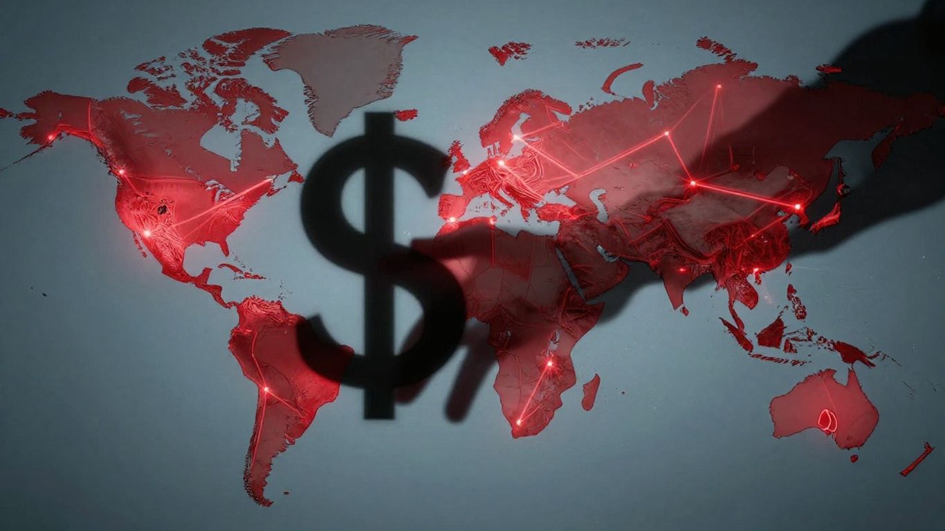 World map with conflict lines and a prominent dollar sign.