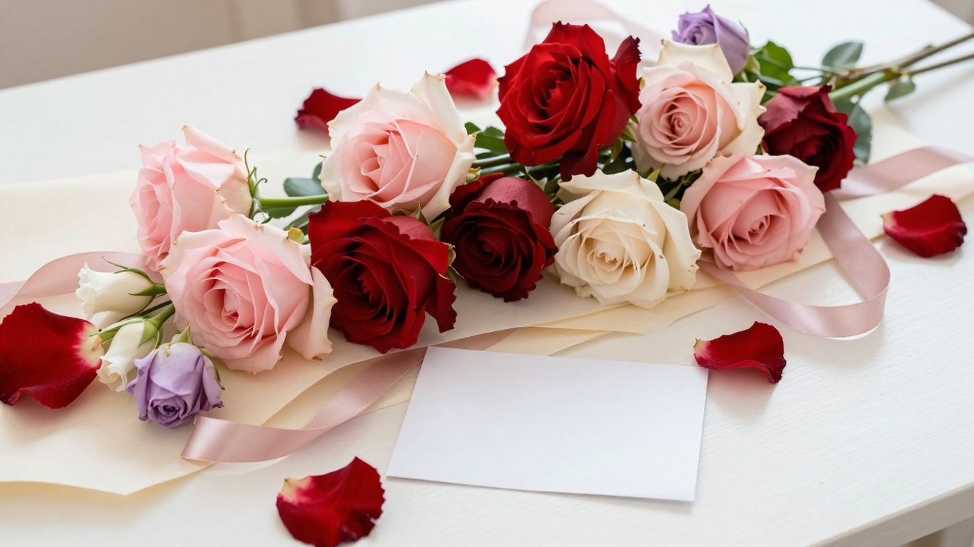Colorful Valentine bouquet arranged in soft natural light