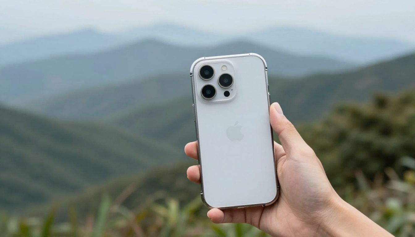 A person hiking in the Blue Mountains, checking their iPhone 17 Pro, which is in a protective case against a scenic backdrop.