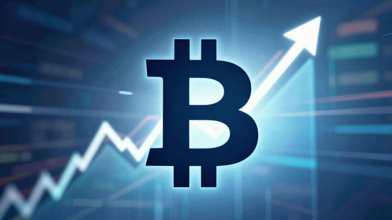 Bitcoin logo with upward momentum and future growth backdrop.