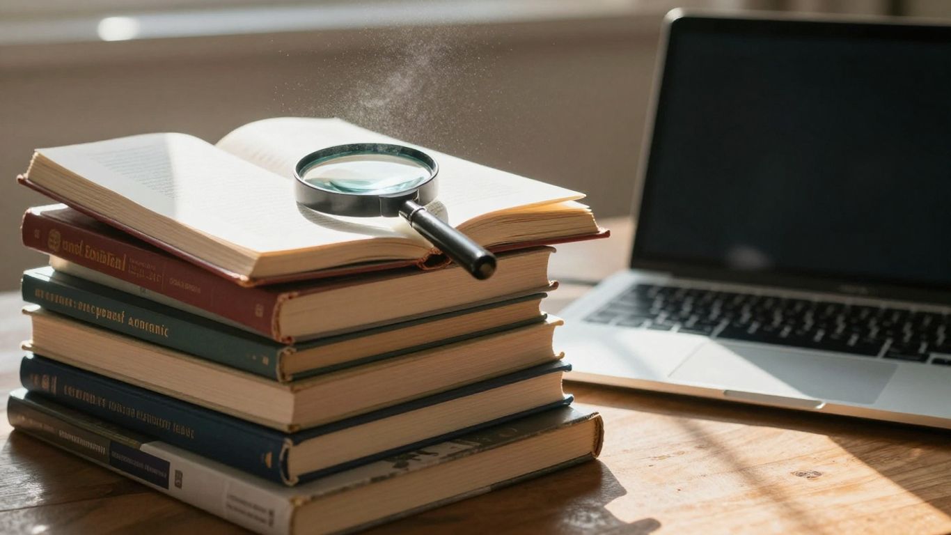 Stack of SEO books with magnifying glass and laptop.
