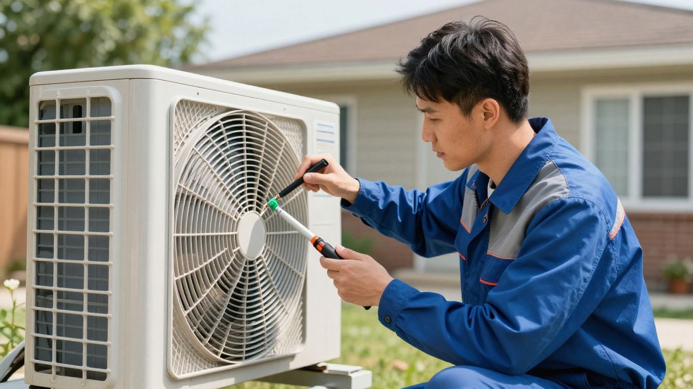 Experienced technician fixing an air conditioner unit.