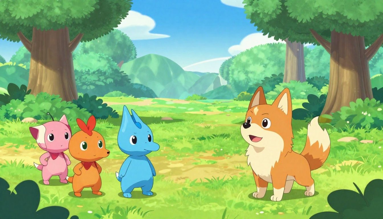 Um exército vibrante de Pikmin de várias cores, incluindo os novos Pikmin de Gelo e Brilhantes, explorando um jardim exuberante com o cão Oatchi em um dia ensolarado, estilo de arte vibrante de videogame