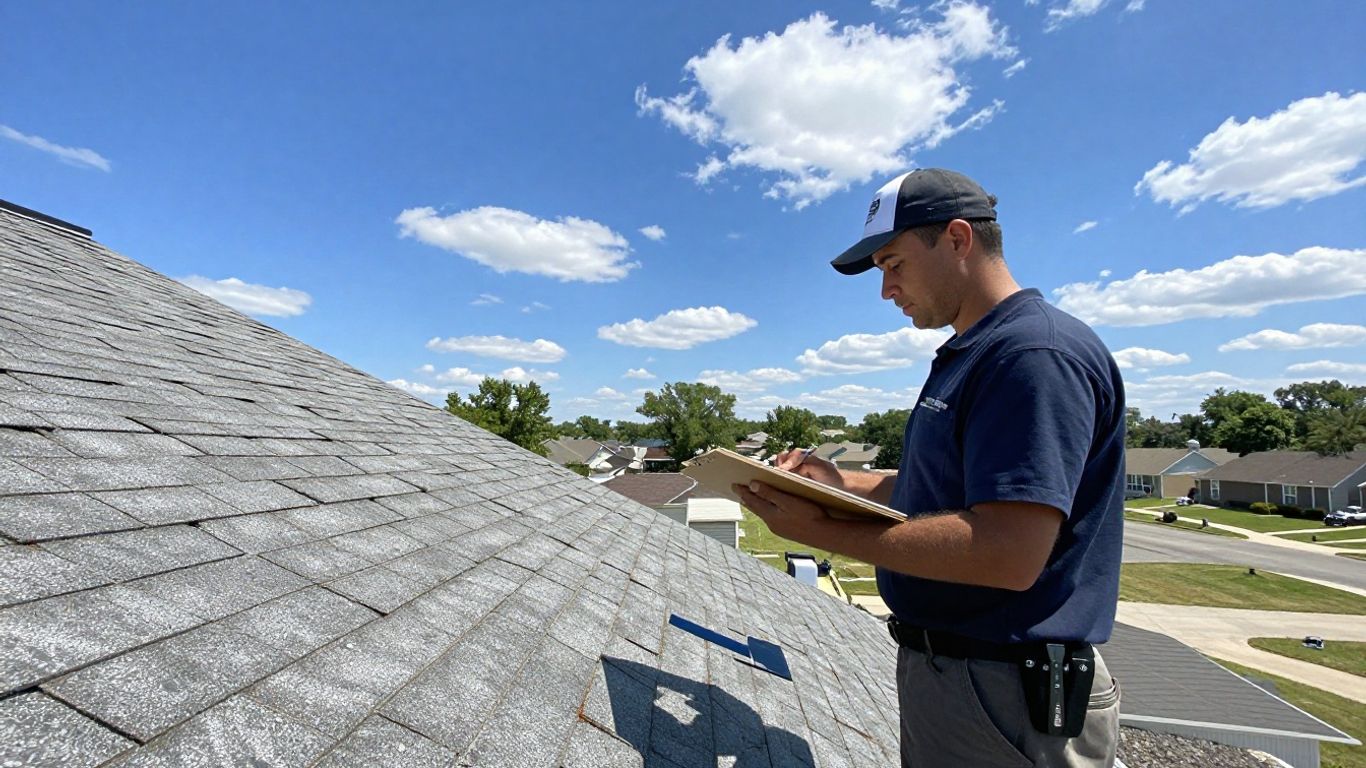 Tulsa roofer reviewing shingles on a sunny day.