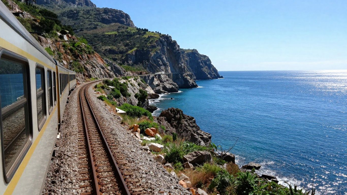Train on coastal track between Cassis and Cannes.