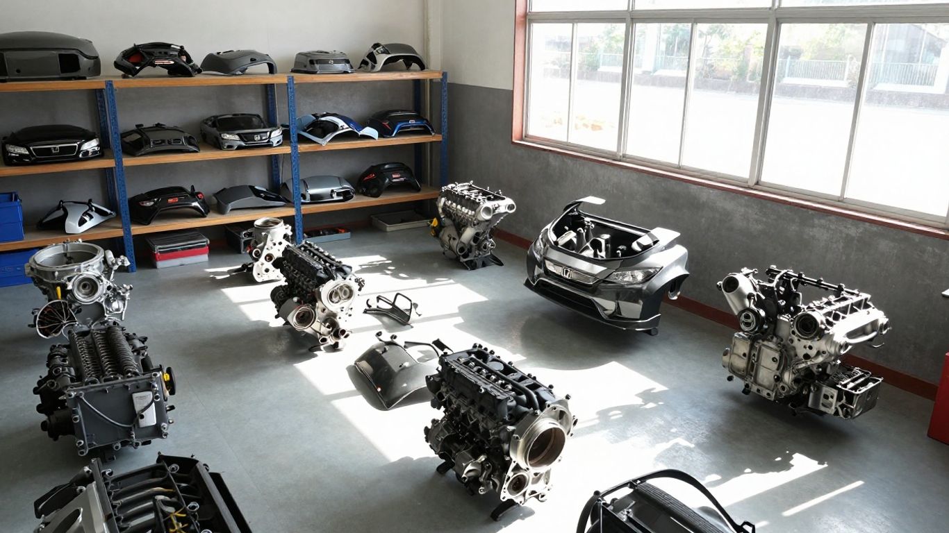 Honda car parts organized in a workshop