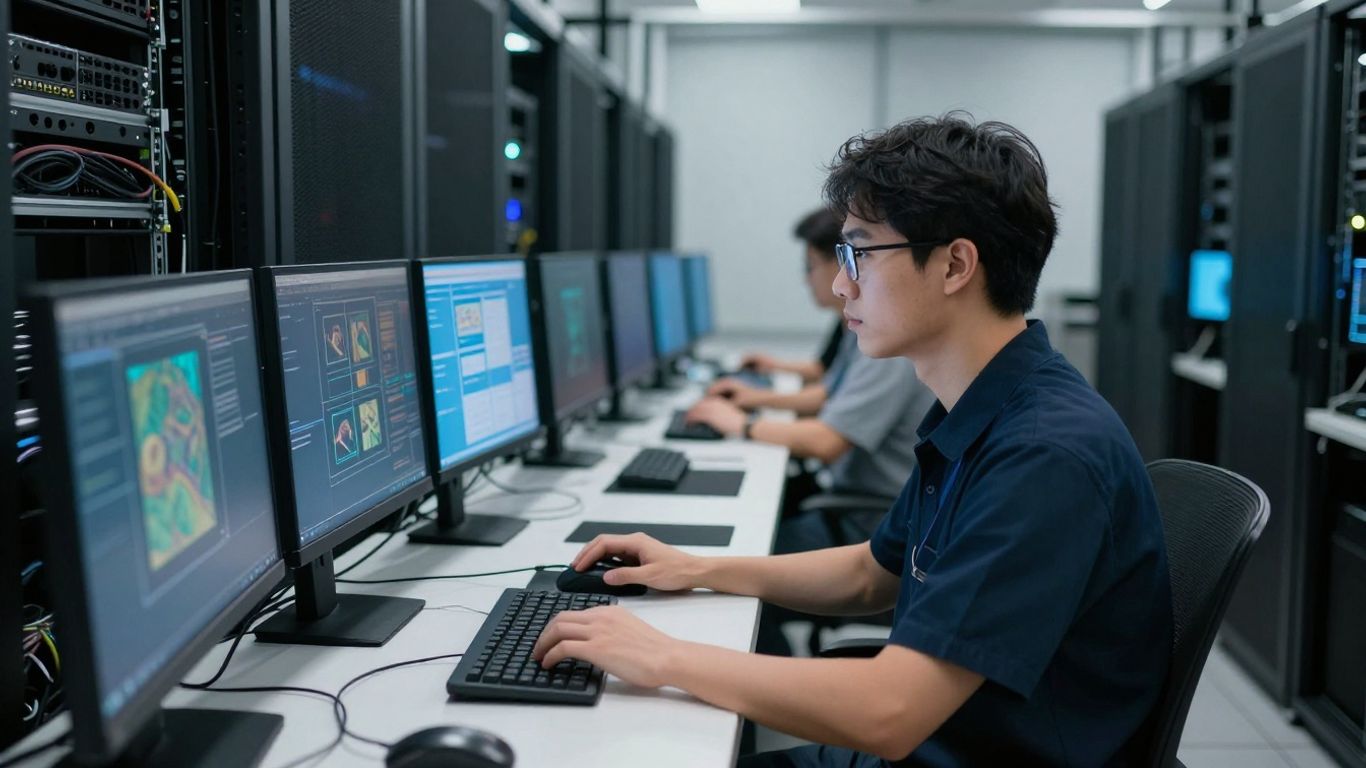 Technician working in a server room.