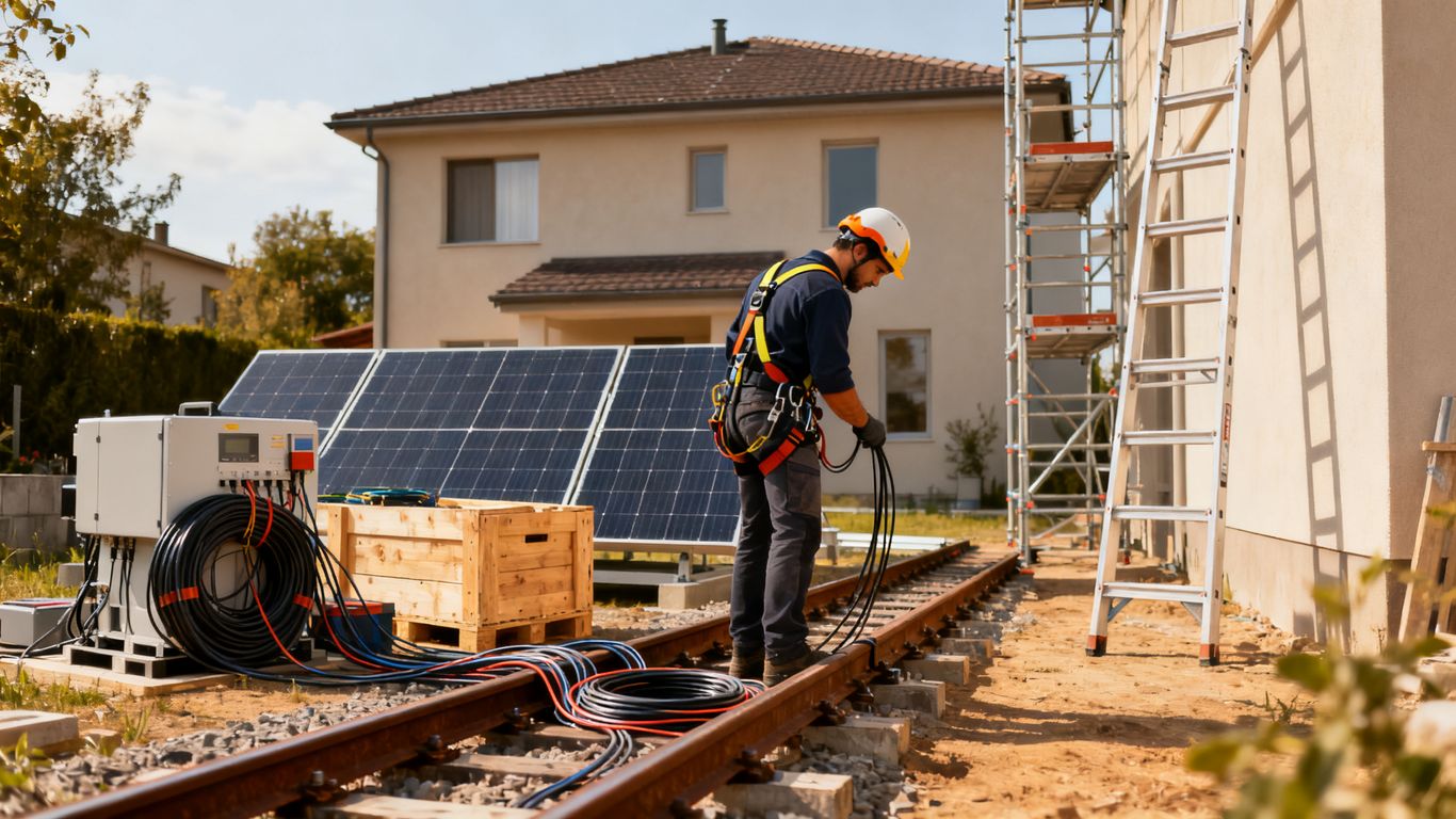 Technicien préparant des équipements solaires au pied d’une maison