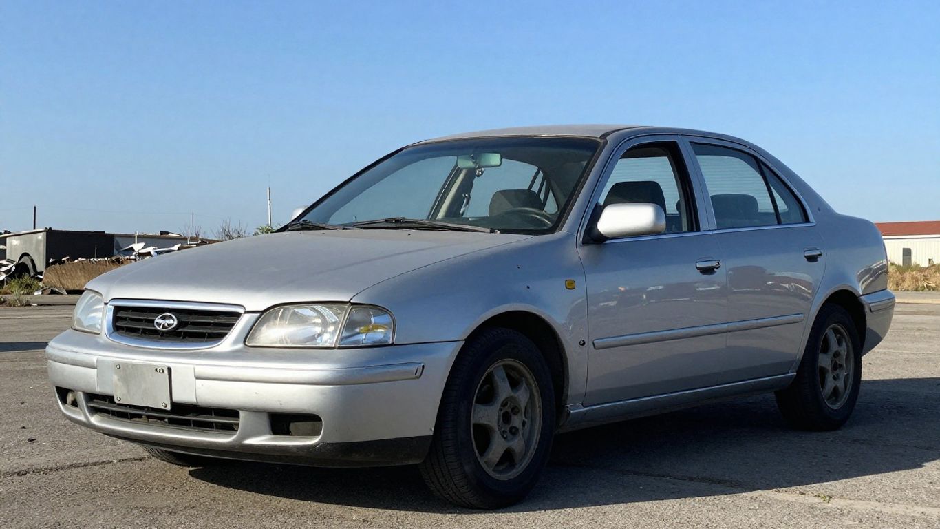 A damaged sedan waiting for recycling