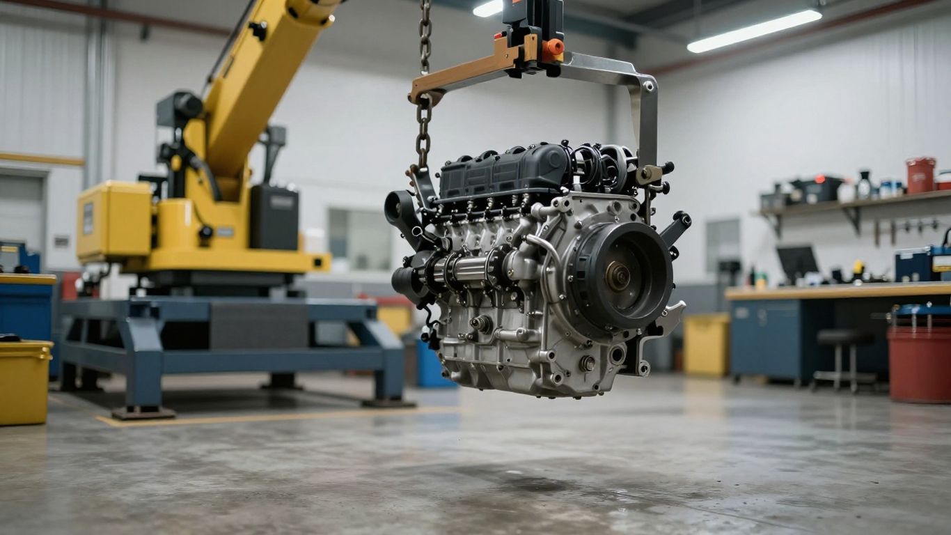 Heavy-duty workshop crane lifting a component
