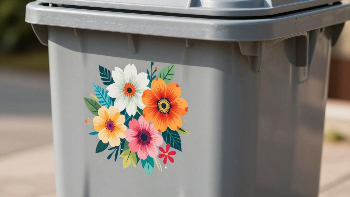 Stylish wheelie bin with a floral sticker.
