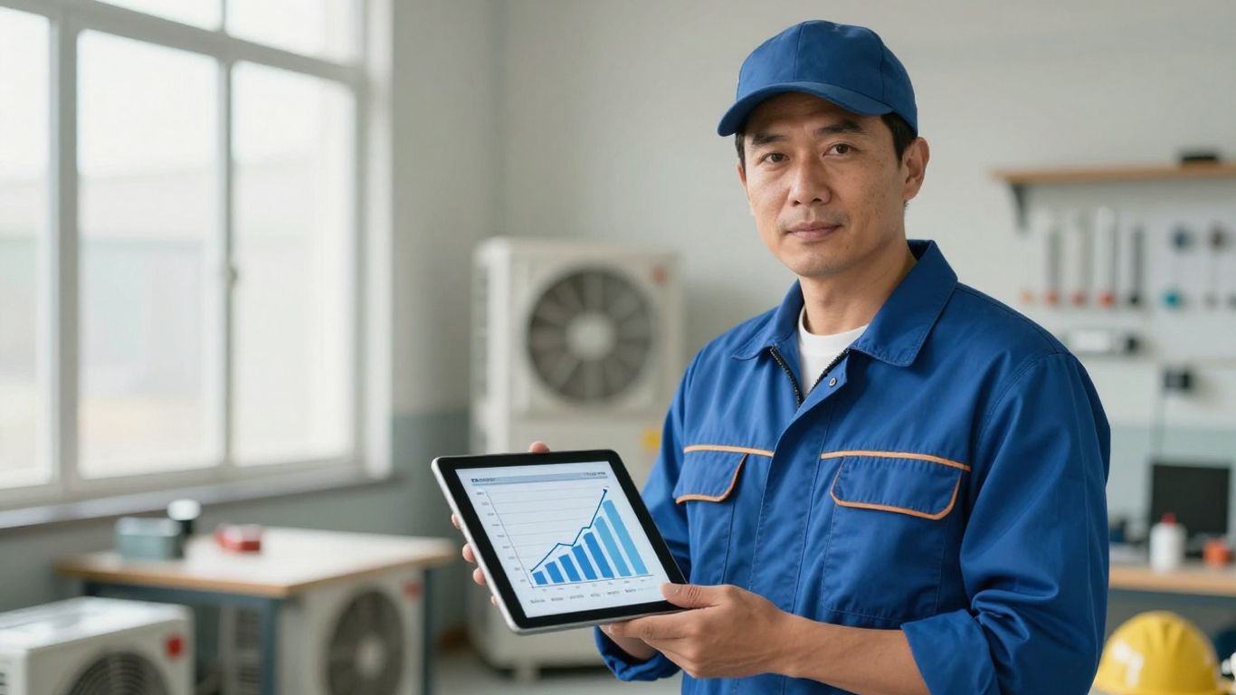 HVAC technician with tablet showing growth chart