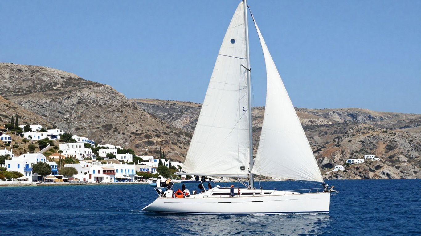 Sailboat on Aegean Sea near Greek island