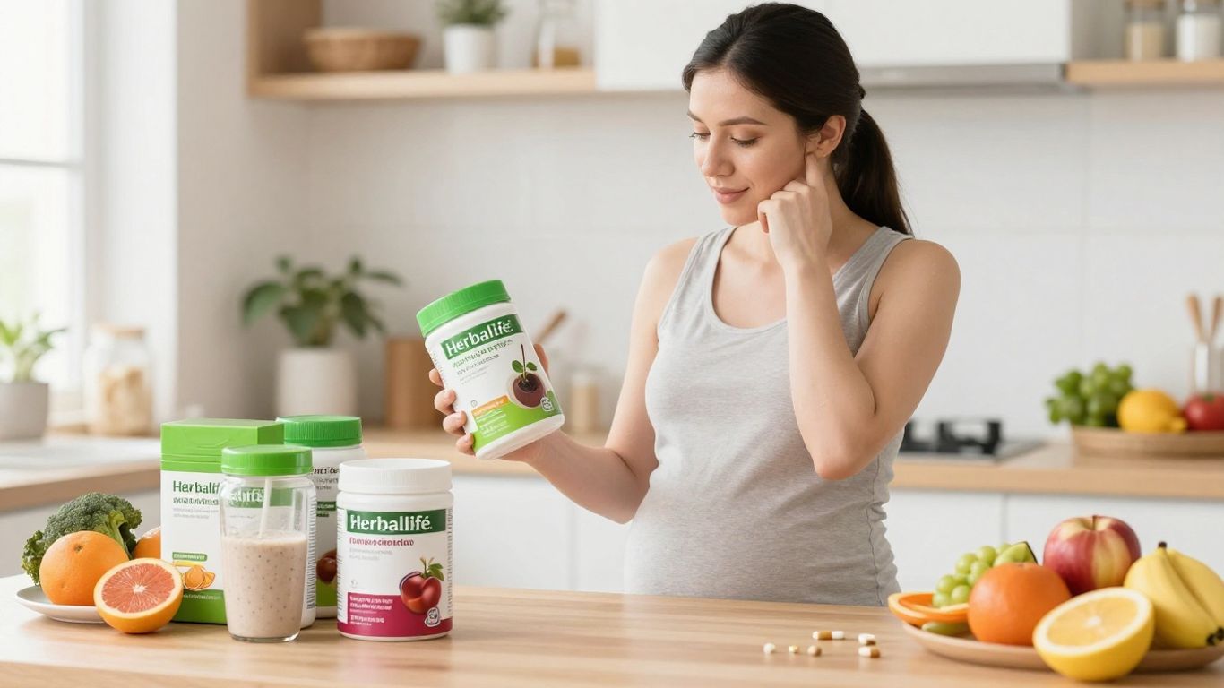 Pregnant woman with Herbalife products and healthy food.