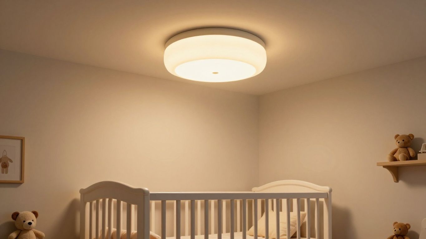 Soft ceiling light in a modern nursery room.