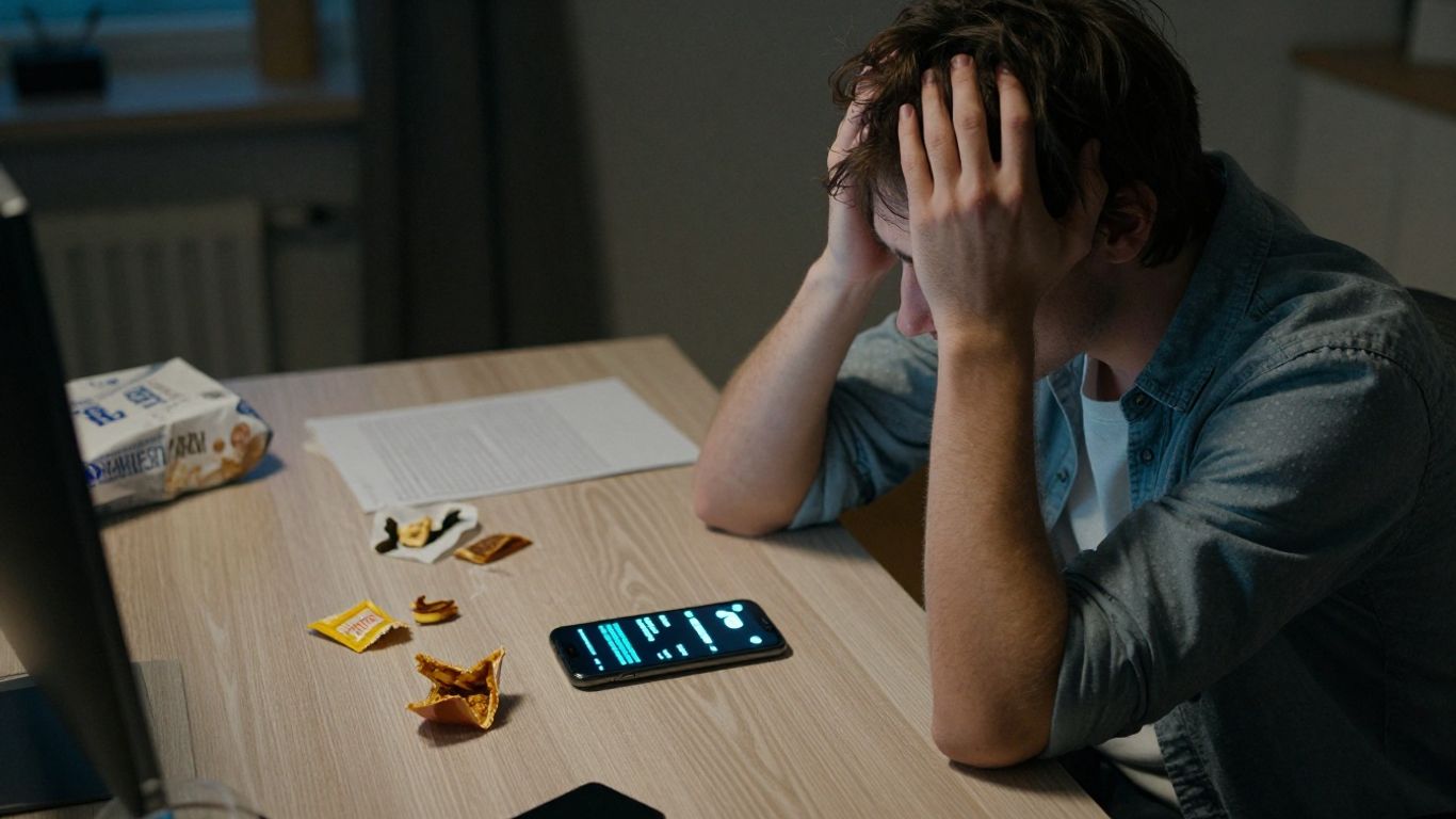 Stressed young adult struggling with memory recall.