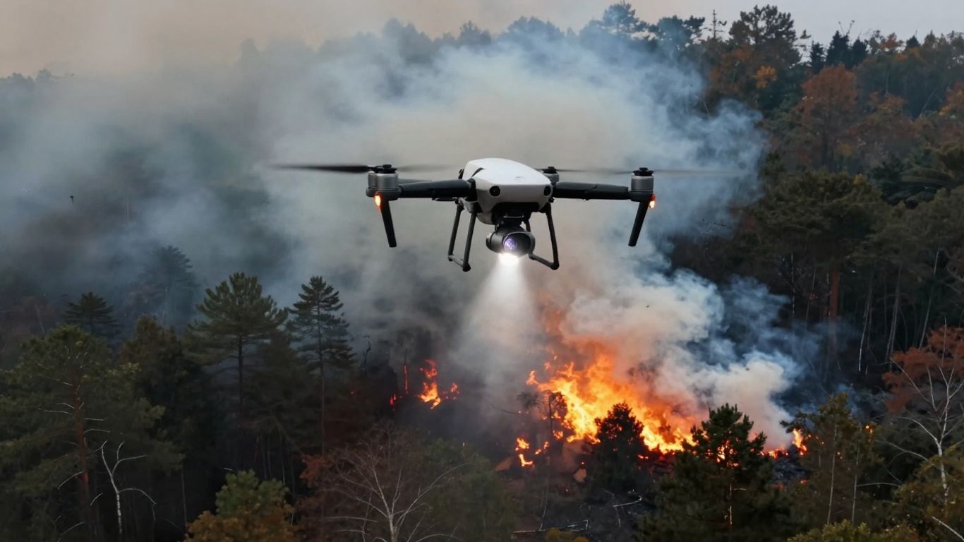 Drone flying over a forest fire.