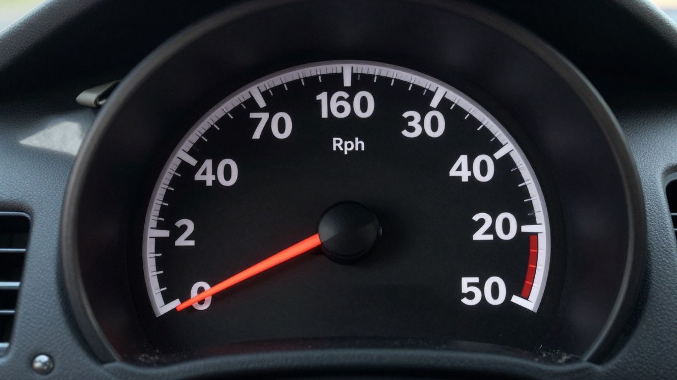 Speedometer needle in a car going fast on a highway.