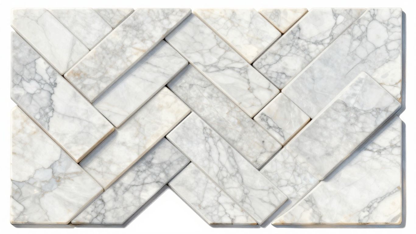 Marble tiles arranged in a herringbone pattern.