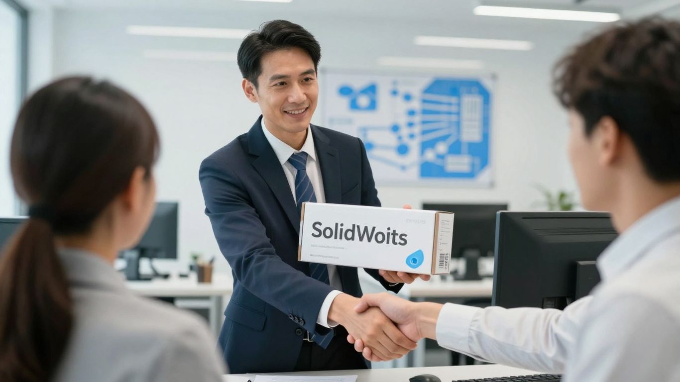 Business professionals shaking hands over SolidWorks software.