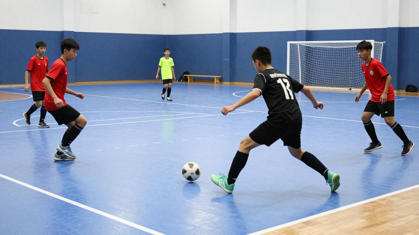 Futsal player passing across a bright indoor court