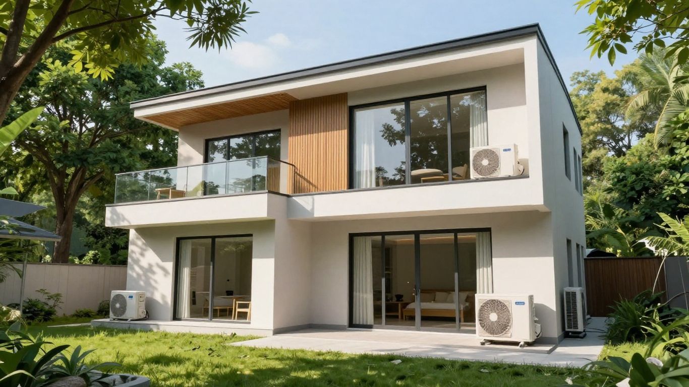 Maison de 100m2 avec climatisation et jardin verdoyant.