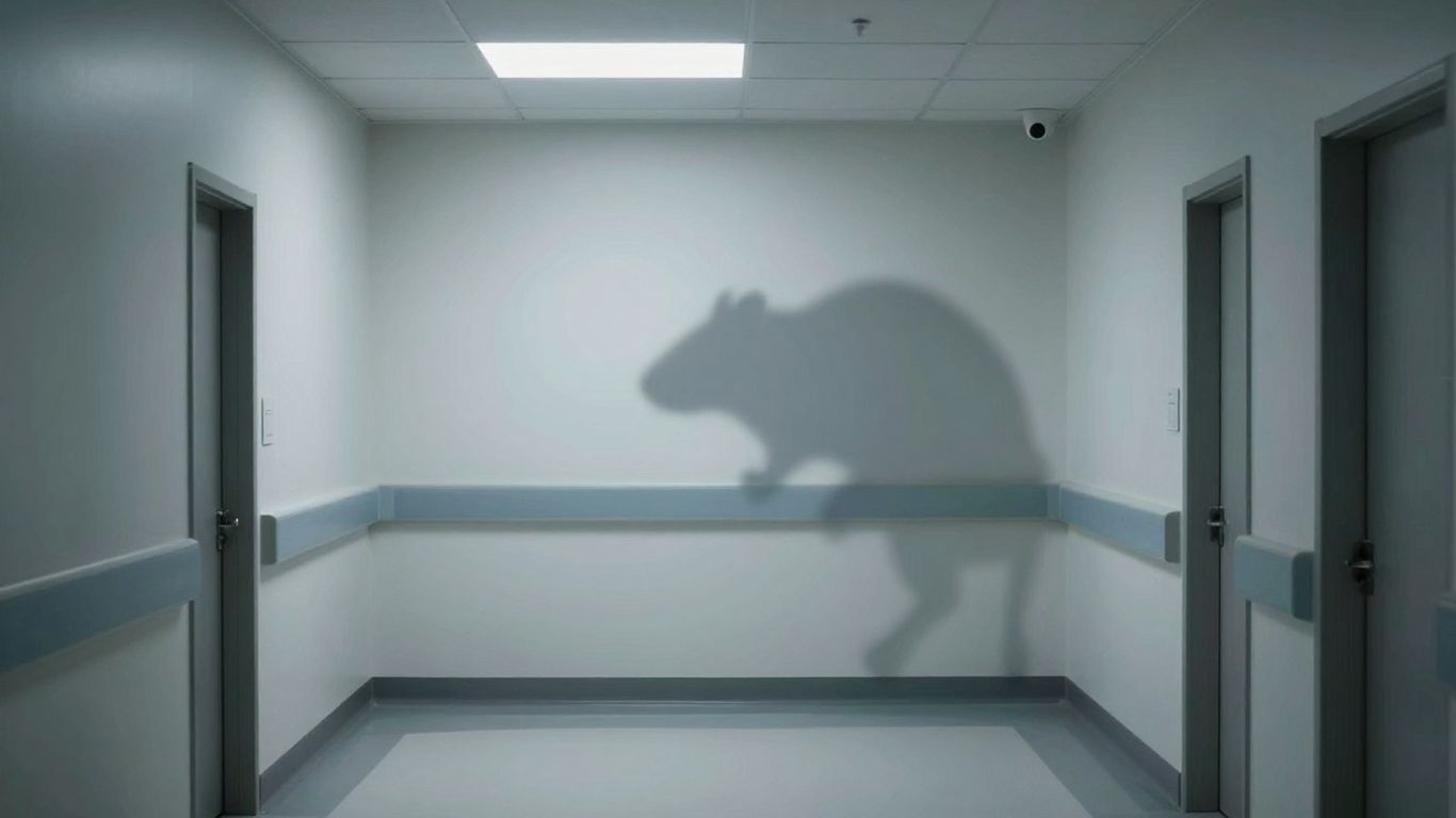 Hospital interior with a faint rodent shadow.