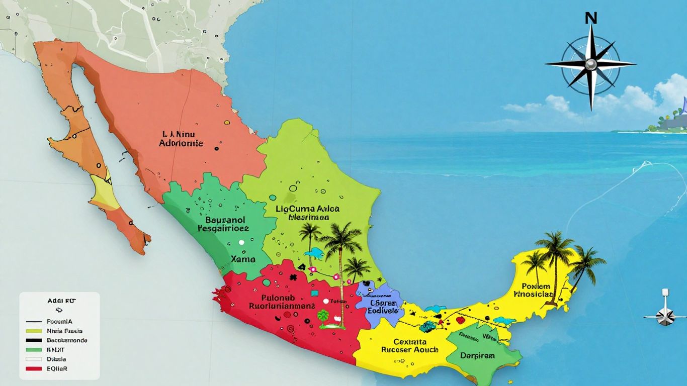 Mexico travel warning map with compass and tropical scenery.
