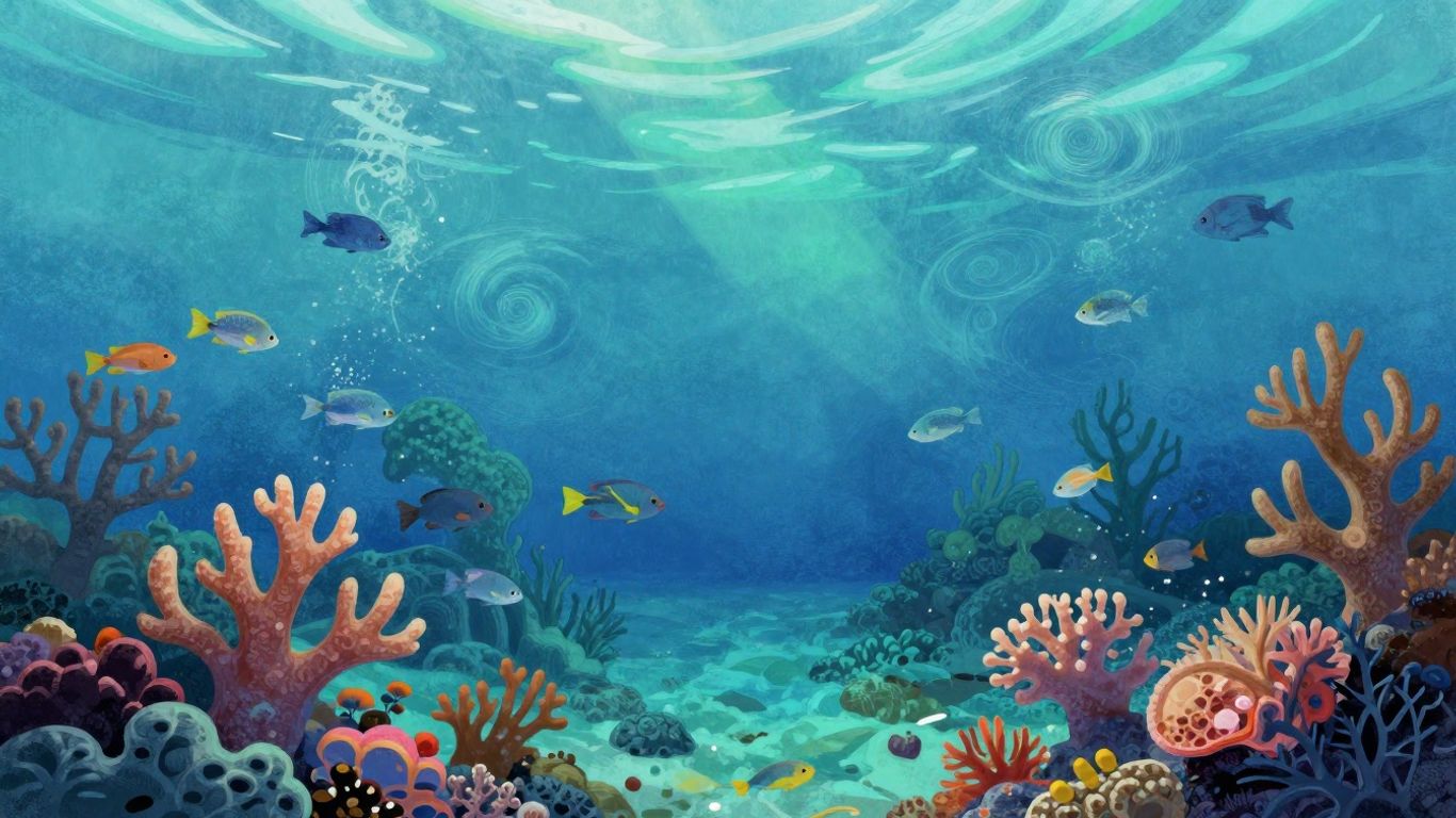 神秘海洋瓷砖插图，带有珊瑚和鱼。