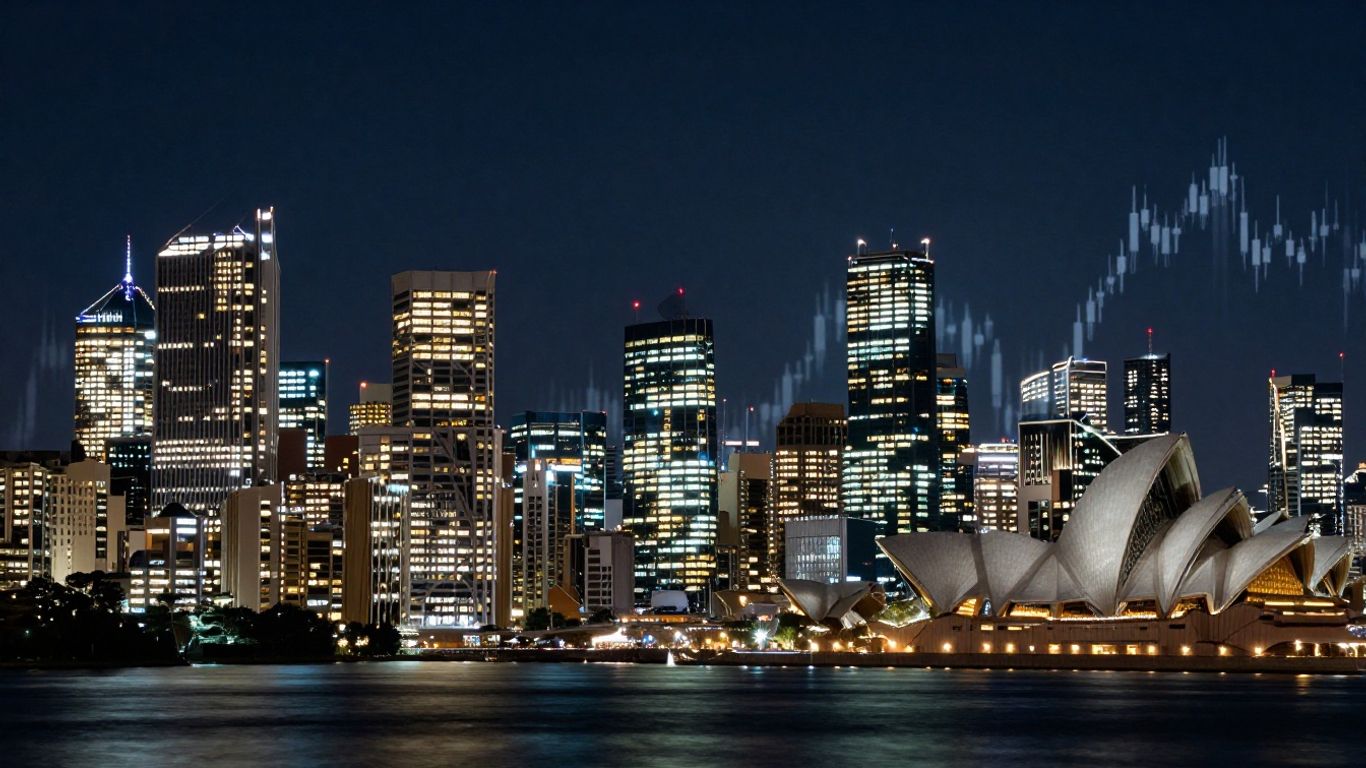 Sydney skyline at night with financial market patterns.