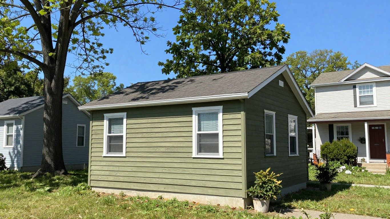 Tiny house nestled in a green New Jersey neighborhood.