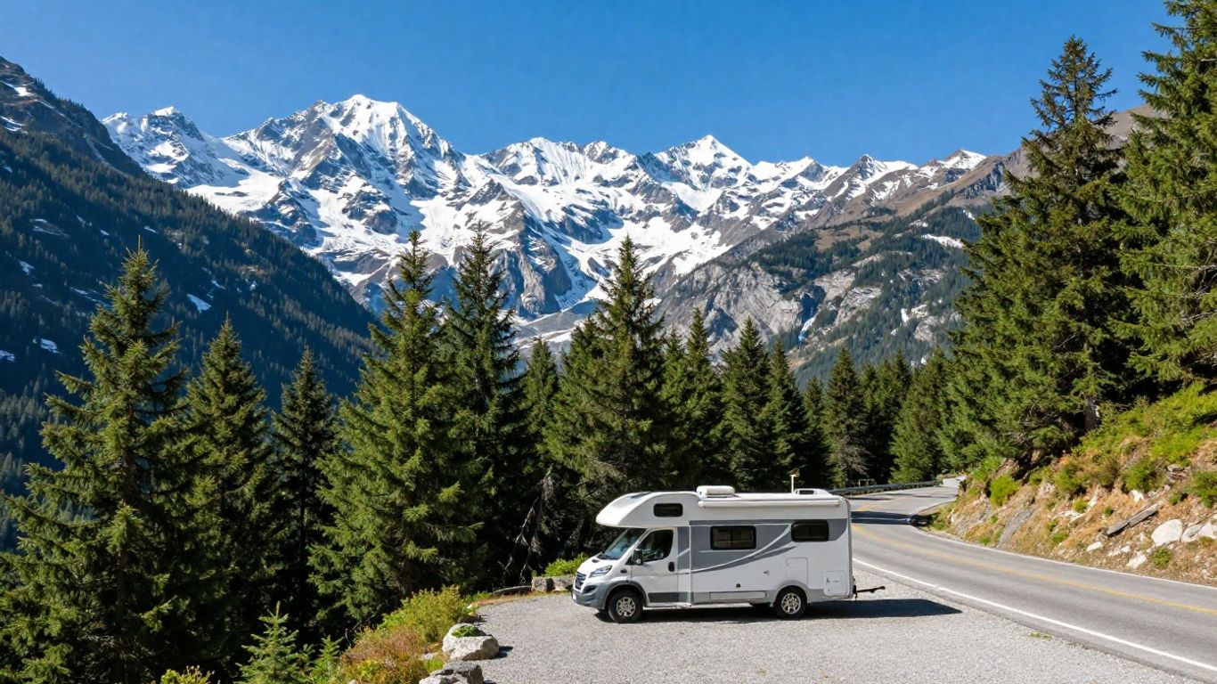 RV parked with Rocky Mountains in background.