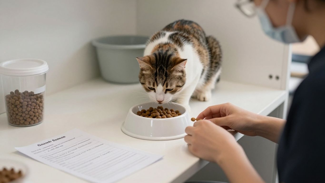 Caregiver checking a cat’s food and written care notes
